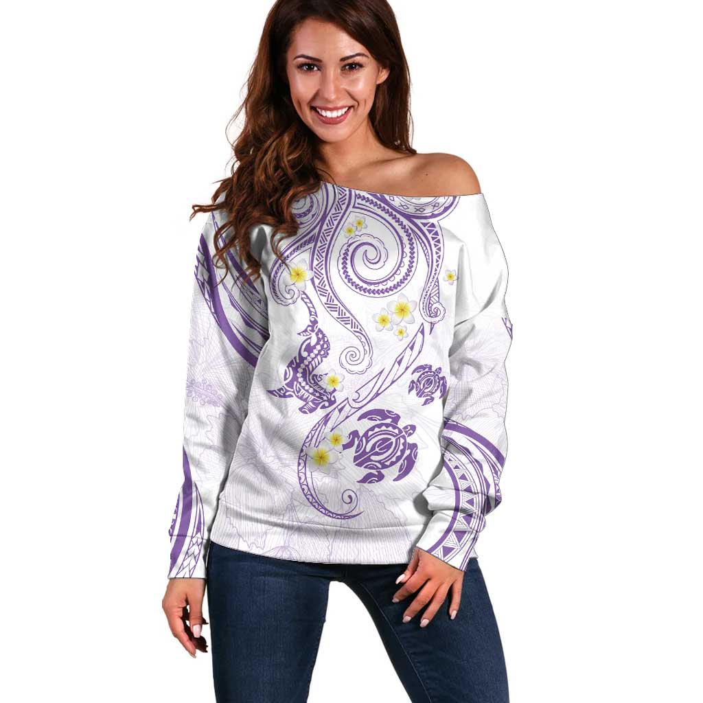 Polynesia Tribal Off Shoulder Sweater Lilac Plumeria Tentacles