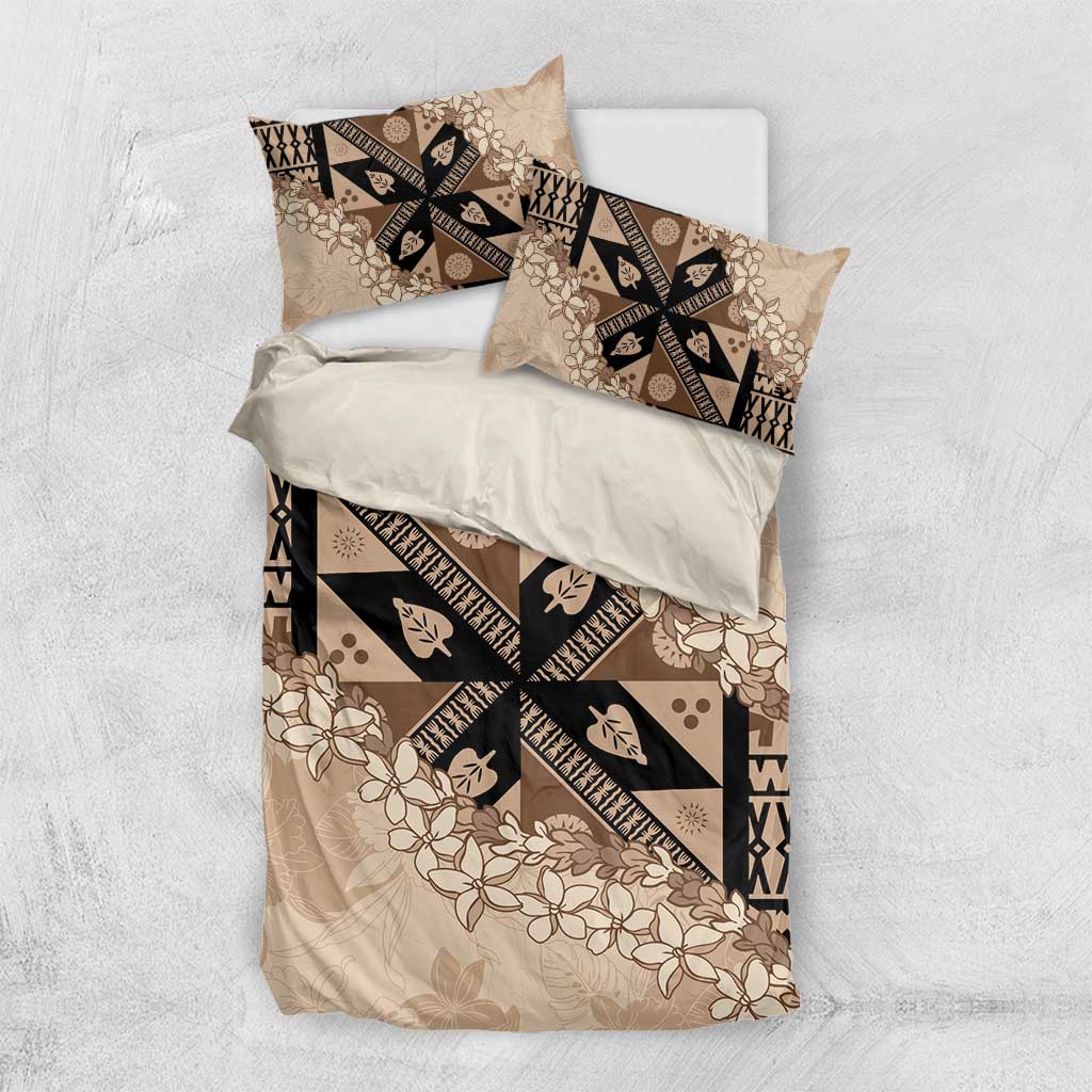 Bula Fiji Plumeria Tagimoucia Salusalu Beige Bedding Set Kaiviti Masi LT7 US Twin 172cm x 218cm Beige - Polynesian Pride