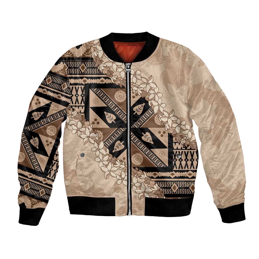 Bula Fiji Plumeria Tagimoucia Salusalu Beige Bomber Jacket Kaiviti Masi LT7 Unisex Beige - Polynesian Pride