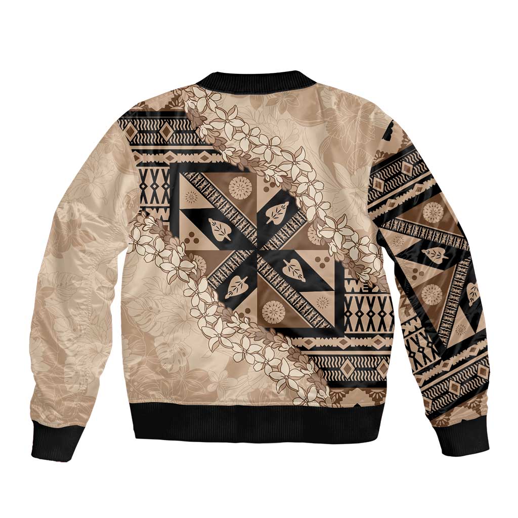 Bula Fiji Plumeria Tagimoucia Salusalu Beige Bomber Jacket Kaiviti Masi LT7 - Polynesian Pride