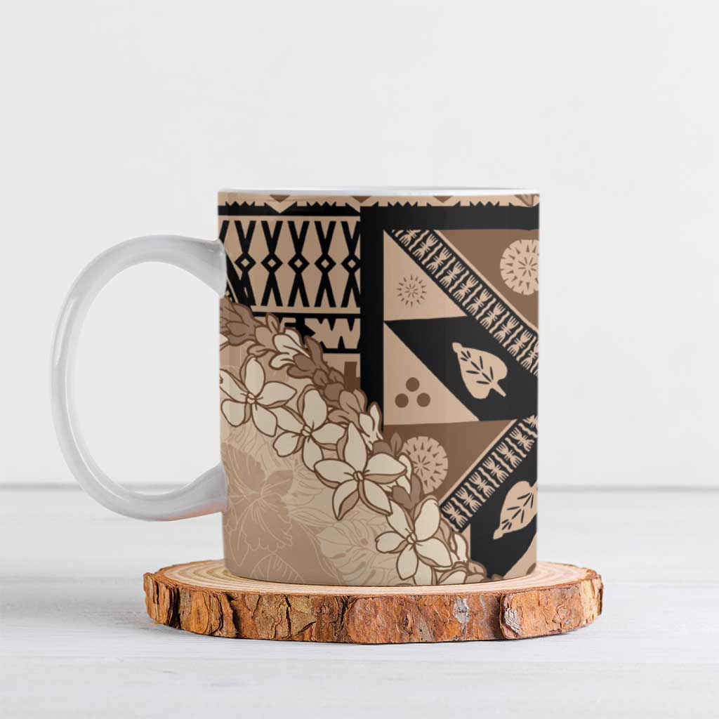 Bula Fiji Plumeria Tagimoucia Salusalu Beige Ceramic Mug Kaiviti Masi LT7 Beige - Polynesian Pride