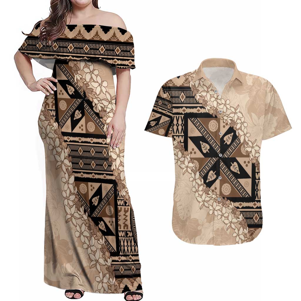 Bula Fiji Plumeria Tagimoucia Salusalu Beige Couples Matching Off Shoulder Maxi Dress and Hawaiian Shirt Kaiviti Masi LT7 Beige - Polynesian Pride