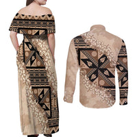 Bula Fiji Plumeria Tagimoucia Salusalu Beige Couples Matching Off Shoulder Maxi Dress and Long Sleeve Button Shirt Kaiviti Masi LT7 - Polynesian Pride