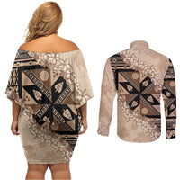 Bula Fiji Plumeria Tagimoucia Salusalu Beige Couples Matching Off Shoulder Short Dress and Long Sleeve Button Shirt Kaiviti Masi LT7 - Polynesian Pride