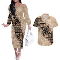 Bula Fiji Plumeria Tagimoucia Salusalu Beige Couples Matching Off The Shoulder Long Sleeve Dress and Hawaiian Shirt Kaiviti Masi LT7 Beige - Polynesian Pride