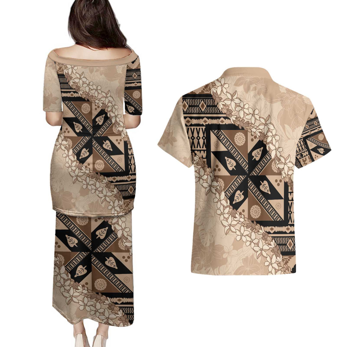 Bula Fiji Plumeria Tagimoucia Salusalu Beige Couples Matching Puletasi and Hawaiian Shirt Kaiviti Masi LT7 - Polynesian Pride