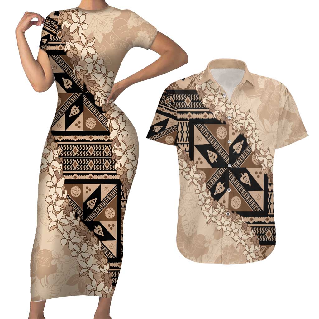 Bula Fiji Plumeria Tagimoucia Salusalu Beige Couples Matching Short Sleeve Bodycon Dress and Hawaiian Shirt Kaiviti Masi LT7 Beige - Polynesian Pride