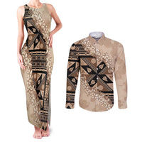 Bula Fiji Plumeria Tagimoucia Salusalu Beige Couples Matching Tank Maxi Dress and Long Sleeve Button Shirt Kaiviti Masi LT7 Beige - Polynesian Pride