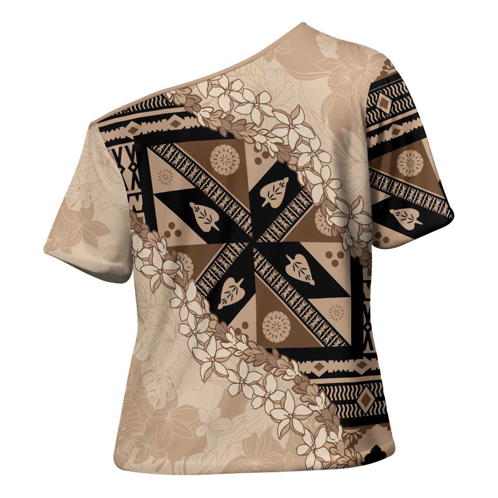 Bula Fiji Plumeria Tagimoucia Salusalu Beige Cross Shoulder Shirt Kaiviti Masi - Polynesian Pride