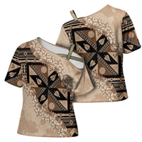 Bula Fiji Plumeria Tagimoucia Salusalu Beige Cross Shoulder Shirt Kaiviti Masi - Polynesian Pride