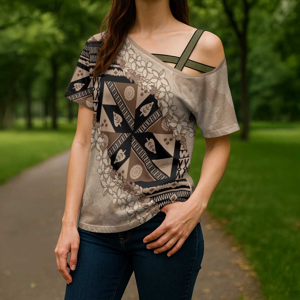 Bula Fiji Plumeria Tagimoucia Salusalu Beige Cross Shoulder Shirt Kaiviti Masi - Polynesian Pride