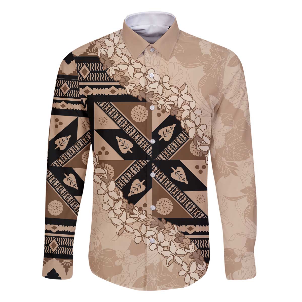 Bula Fiji Plumeria Tagimoucia Salusalu Beige Family Matching Off The Shoulder Long Sleeve Dress and Hawaiian Shirt Kaiviti Masi LT7 Dad's Shirt - Long Sleeve Beige - Polynesian Pride