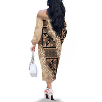 Bula Fiji Plumeria Tagimoucia Salusalu Beige Family Matching Off The Shoulder Long Sleeve Dress and Hawaiian Shirt Kaiviti Masi LT7 - Polynesian Pride