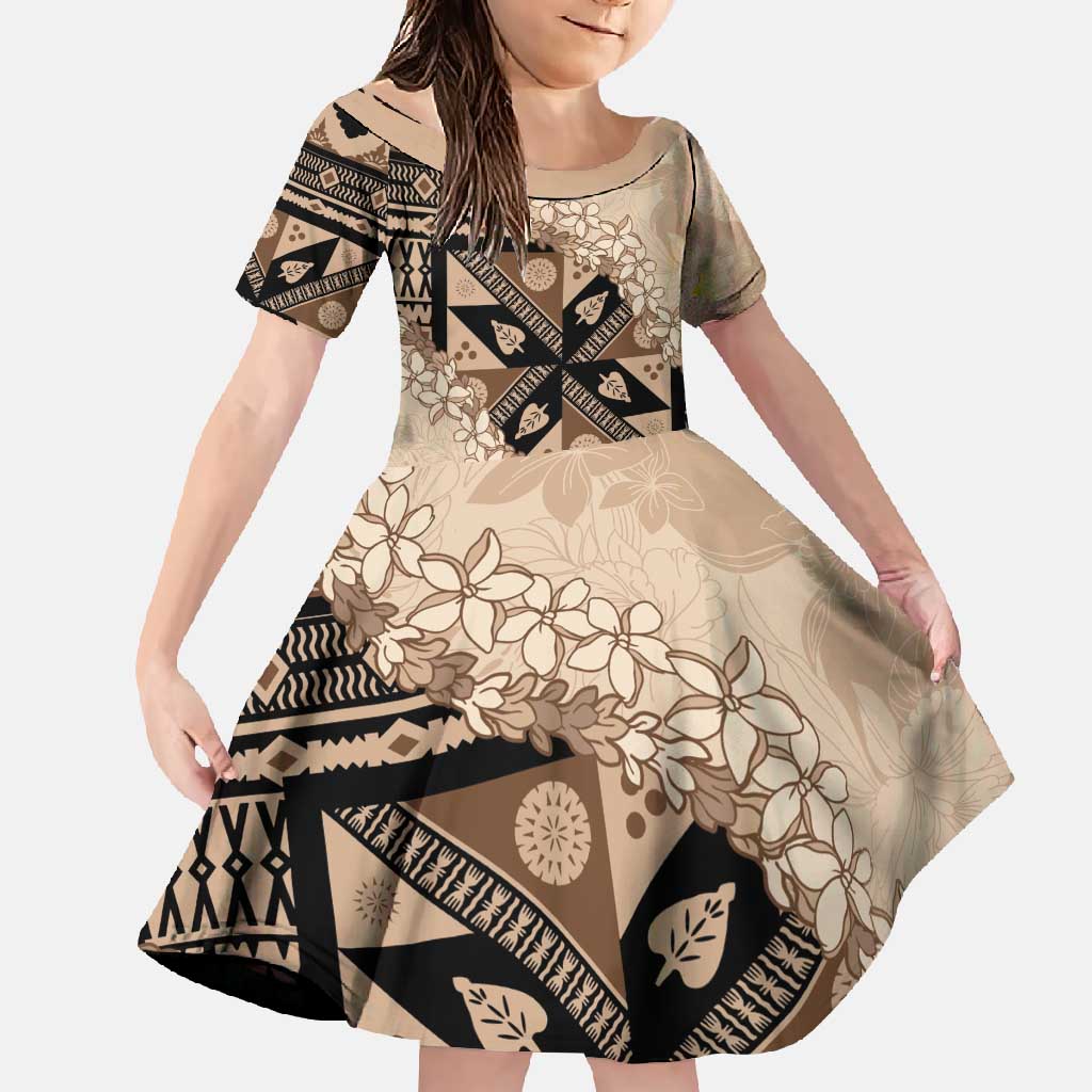 Bula Fiji Plumeria Tagimoucia Salusalu Beige Family Matching Off Shoulder Maxi Dress and Hawaiian Shirt Kaiviti Masi LT7 Daughter's Dress Beige - Polynesian Pride
