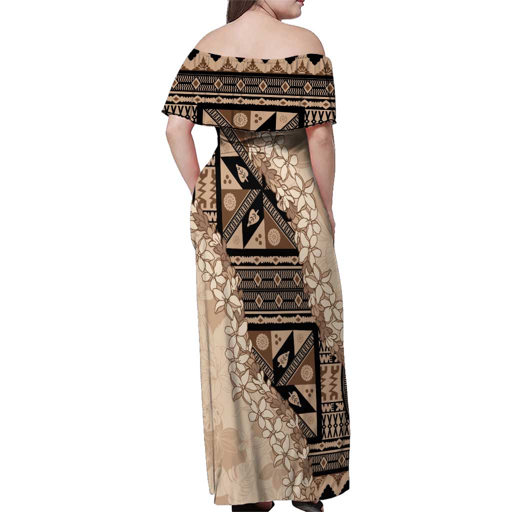 Bula Fiji Plumeria Tagimoucia Salusalu Beige Family Matching Off Shoulder Maxi Dress and Hawaiian Shirt Kaiviti Masi LT7 - Polynesian Pride