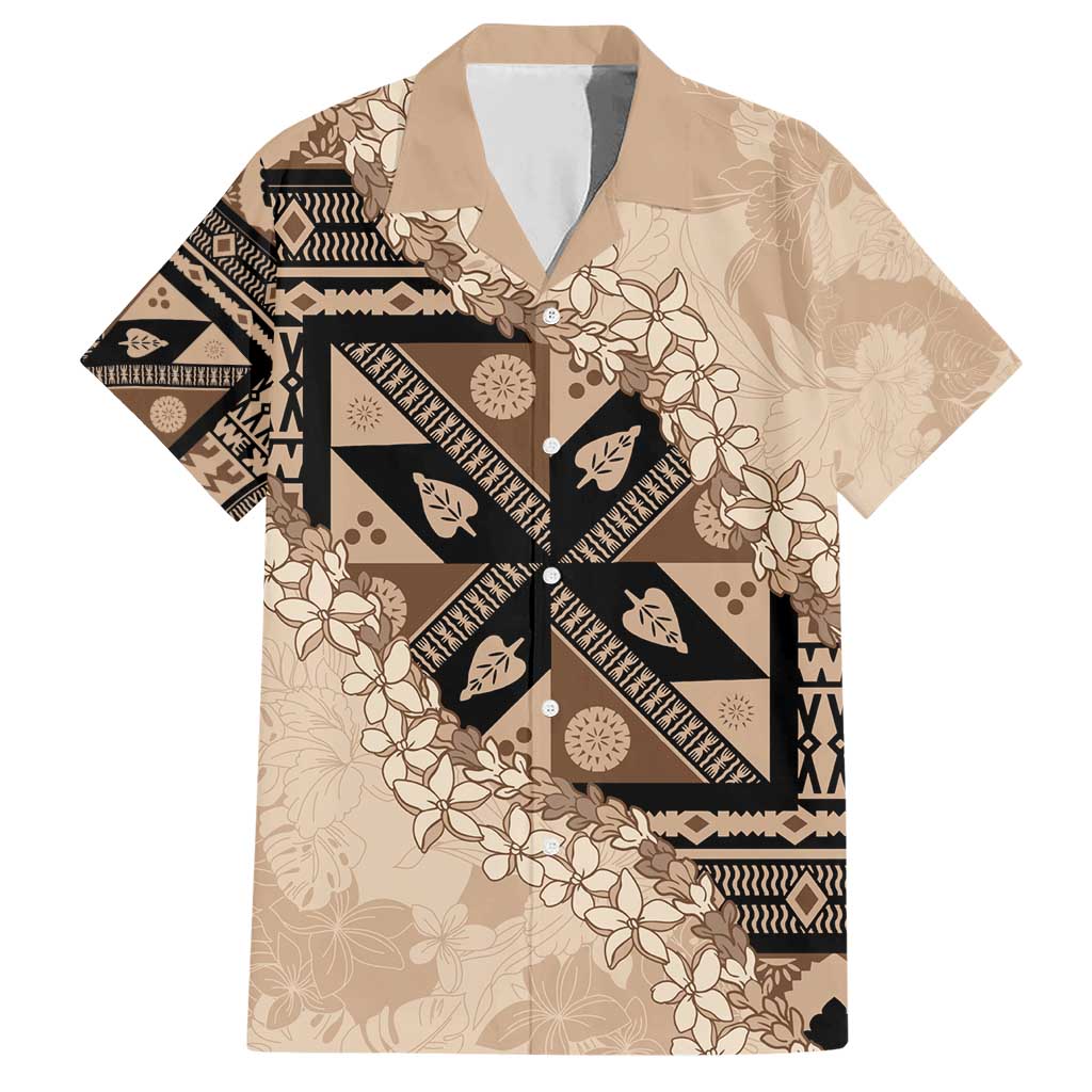 Bula Fiji Plumeria Tagimoucia Salusalu Beige Family Matching Short Sleeve Bodycon Dress and Hawaiian Shirt Kaiviti Masi LT7 Dad's Shirt - Short Sleeve Beige - Polynesian Pride