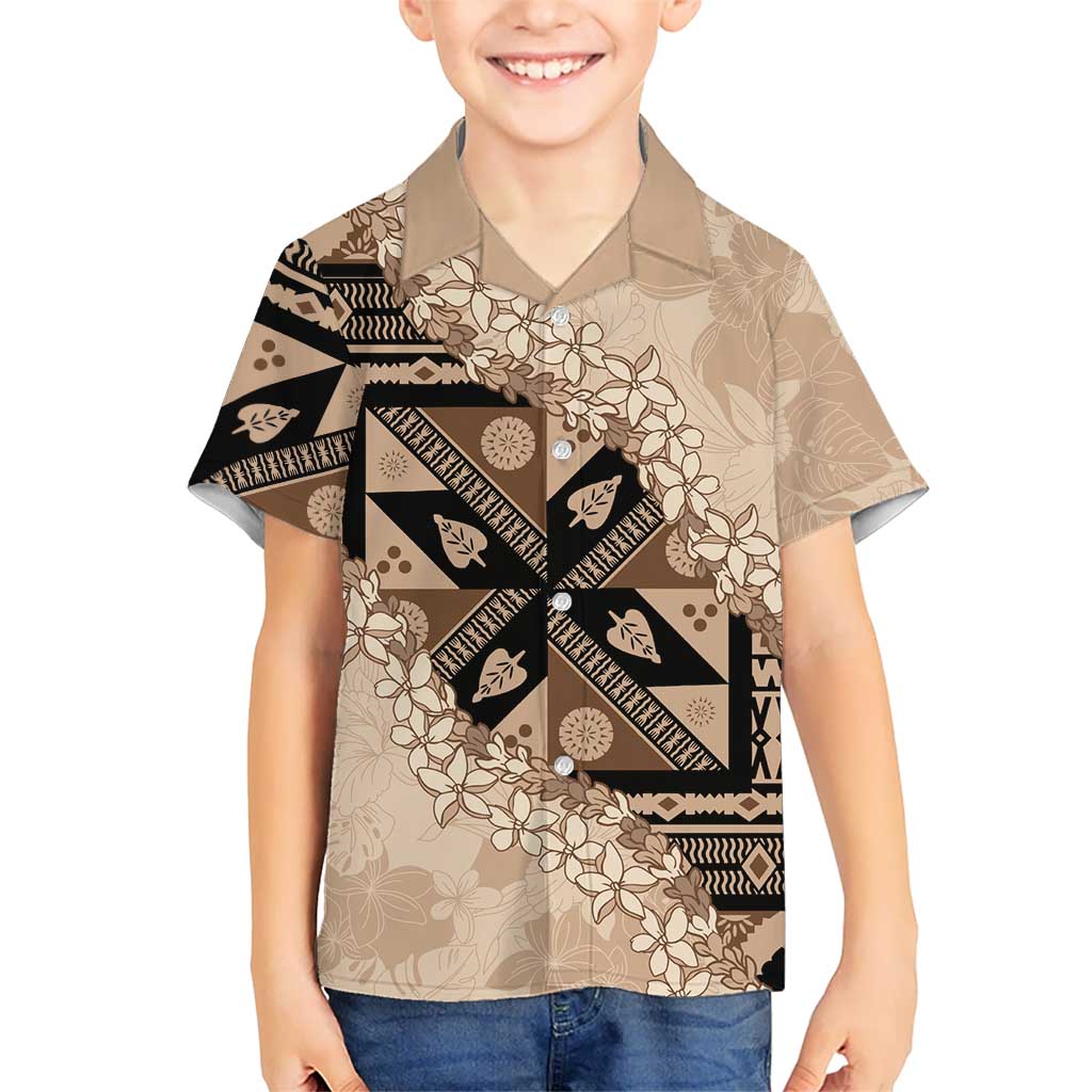 Bula Fiji Plumeria Tagimoucia Salusalu Beige Kid Hawaiian Shirt Kaiviti Masi - Polynesian Pride