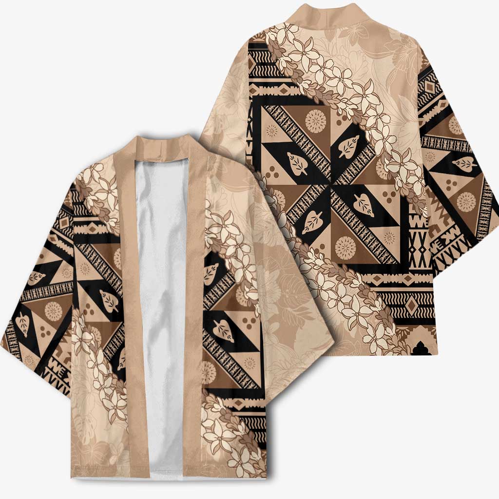 Bula Fiji Plumeria Tagimoucia Salusalu Beige Kimono Kaiviti Masi LT7 - Polynesian Pride