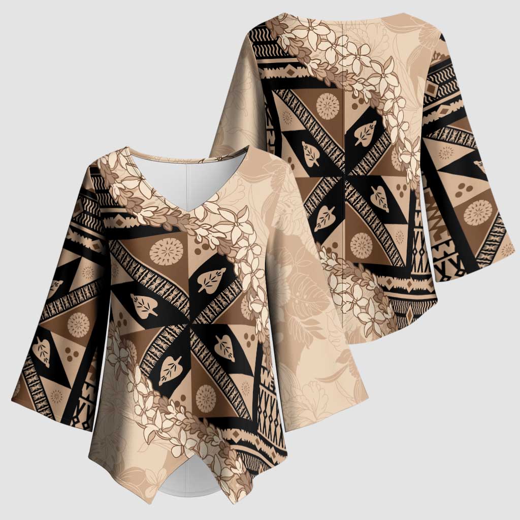 Bula Fiji Plumeria Tagimoucia Salusalu Beige Kimono Sleeve Blouse Kaiviti Masi LT7 - Polynesian Pride