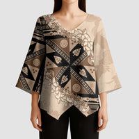 Bula Fiji Plumeria Tagimoucia Salusalu Beige Kimono Sleeve Blouse Kaiviti Masi LT7 - Polynesian Pride