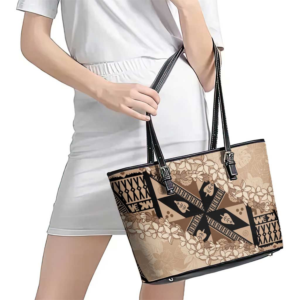 Bula Fiji Plumeria Tagimoucia Salusalu Beige Leather Tote Bag Kaiviti Masi LT7 - Polynesian Pride
