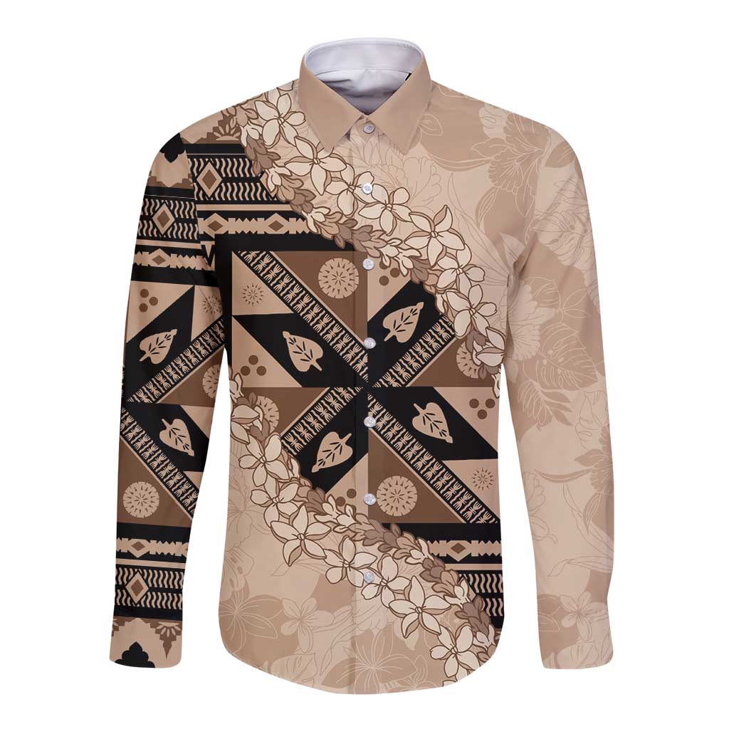 Bula Fiji Plumeria Tagimoucia Salusalu Beige Long Sleeve Button Shirt Kaiviti Masi LT7 Unisex Beige - Polynesian Pride