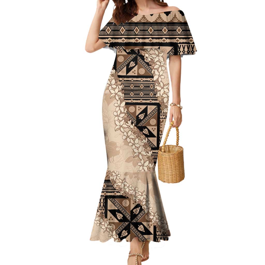 Bula Fiji Plumeria Tagimoucia Salusalu Beige Mermaid Dress Kaiviti Masi - Polynesian Pride