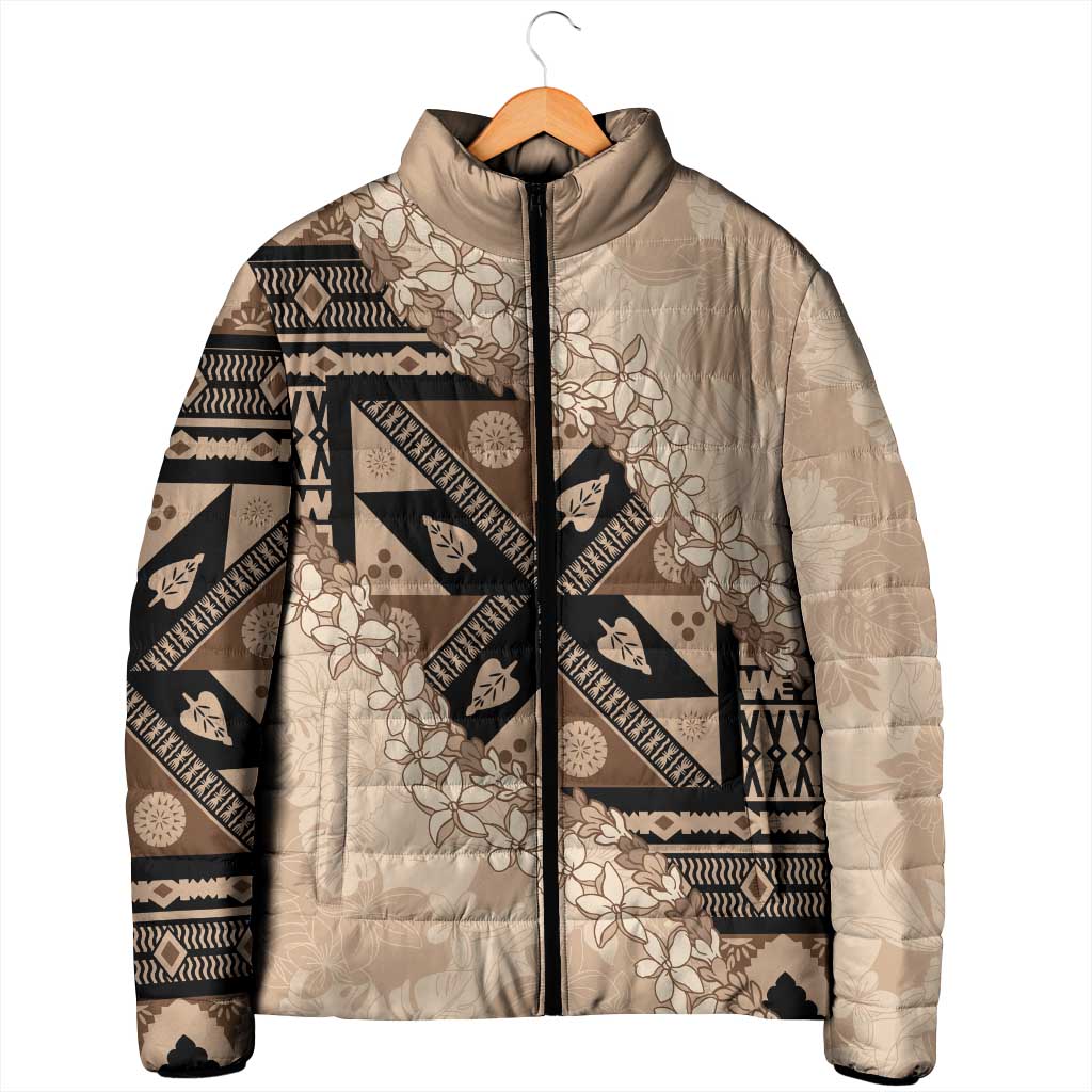 Bula Fiji Plumeria Tagimoucia Salusalu Beige Padded Jacket Kaiviti Masi - Polynesian Pride