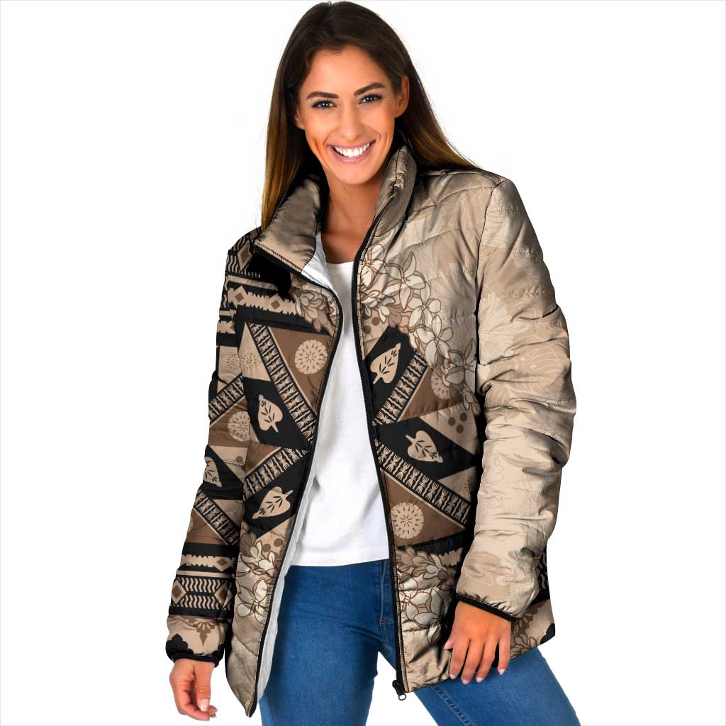 Bula Fiji Plumeria Tagimoucia Salusalu Beige Padded Jacket Kaiviti Masi - Polynesian Pride