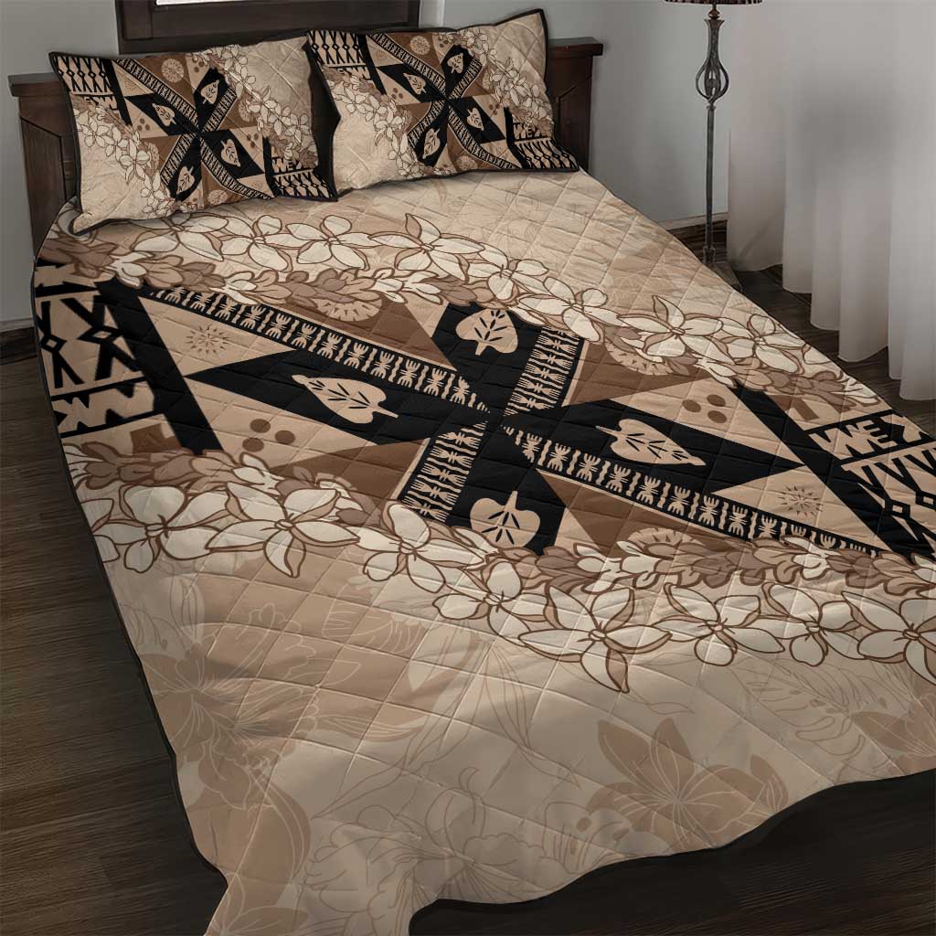 Bula Fiji Plumeria Tagimoucia Salusalu Beige Quilt Bed Set Kaiviti Masi - Polynesian Pride