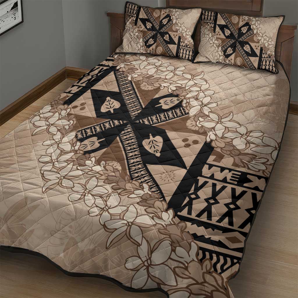 Bula Fiji Plumeria Tagimoucia Salusalu Beige Quilt Bed Set Kaiviti Masi - Polynesian Pride