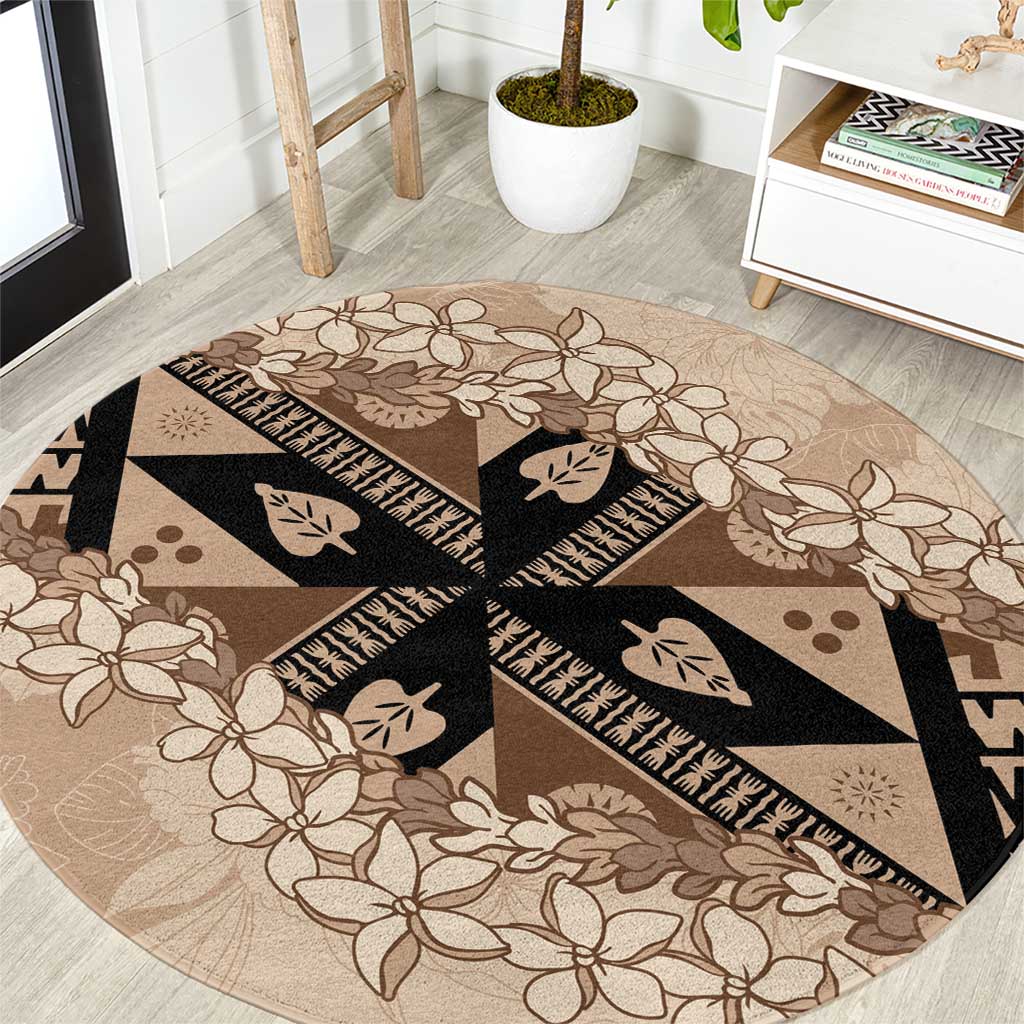 Bula Fiji Plumeria Tagimoucia Salusalu Beige Round Carpet Kaiviti Masi LT7 Beige - Polynesian Pride