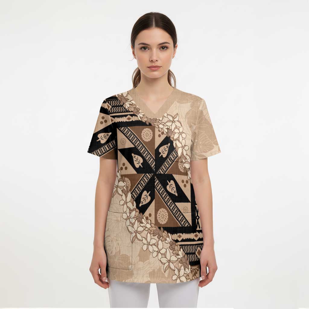 Bula Fiji Plumeria Tagimoucia Salusalu Beige Scrub Top Kaiviti Masi - Polynesian Pride