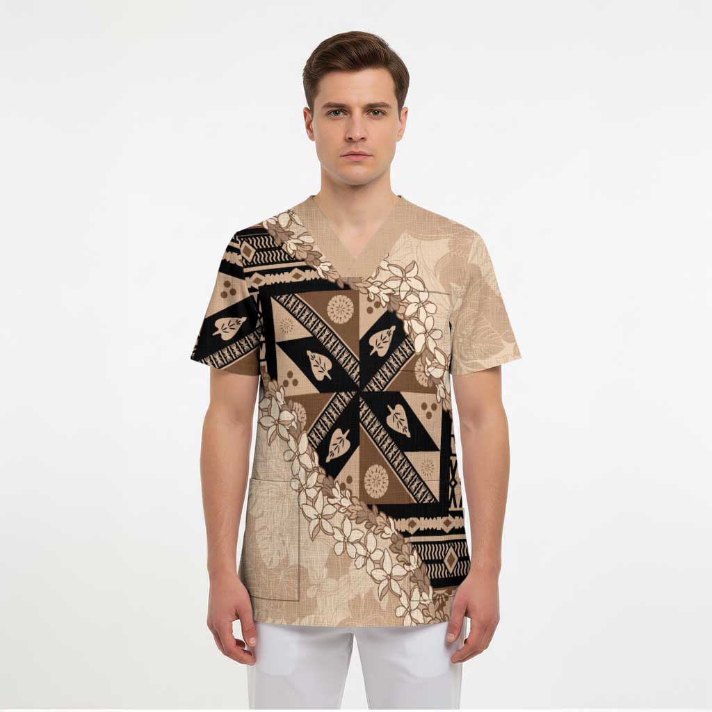 Bula Fiji Plumeria Tagimoucia Salusalu Beige Scrub Top Kaiviti Masi - Polynesian Pride