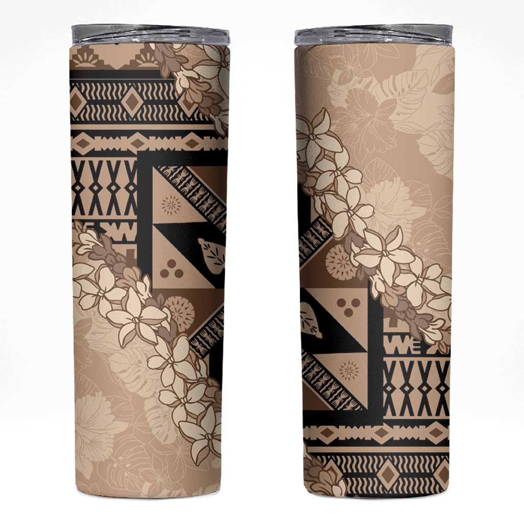 Bula Fiji Plumeria Tagimoucia Salusalu Beige Skinny Tumbler Kaiviti Masi - Polynesian Pride