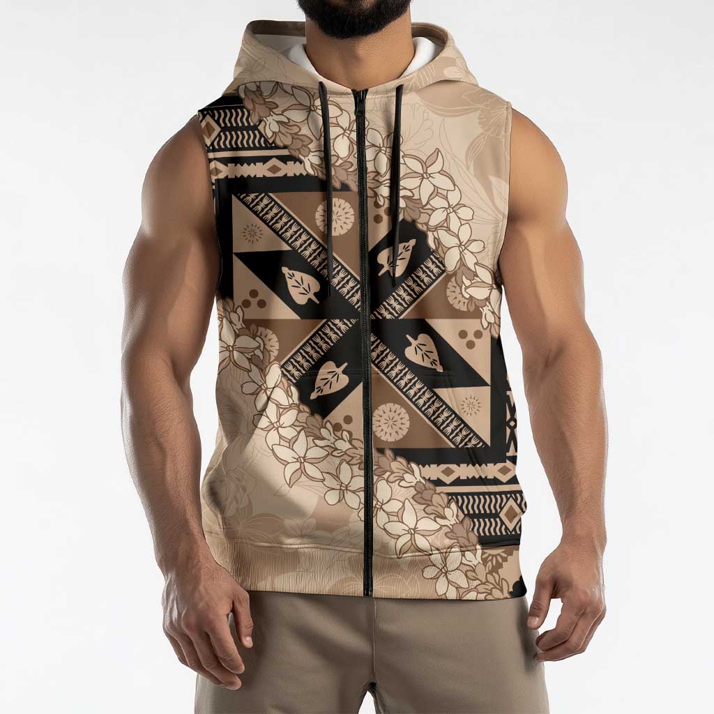 Bula Fiji Plumeria Tagimoucia Salusalu Beige Sleeveless Zip Hoodie Kaiviti Masi - Polynesian Pride