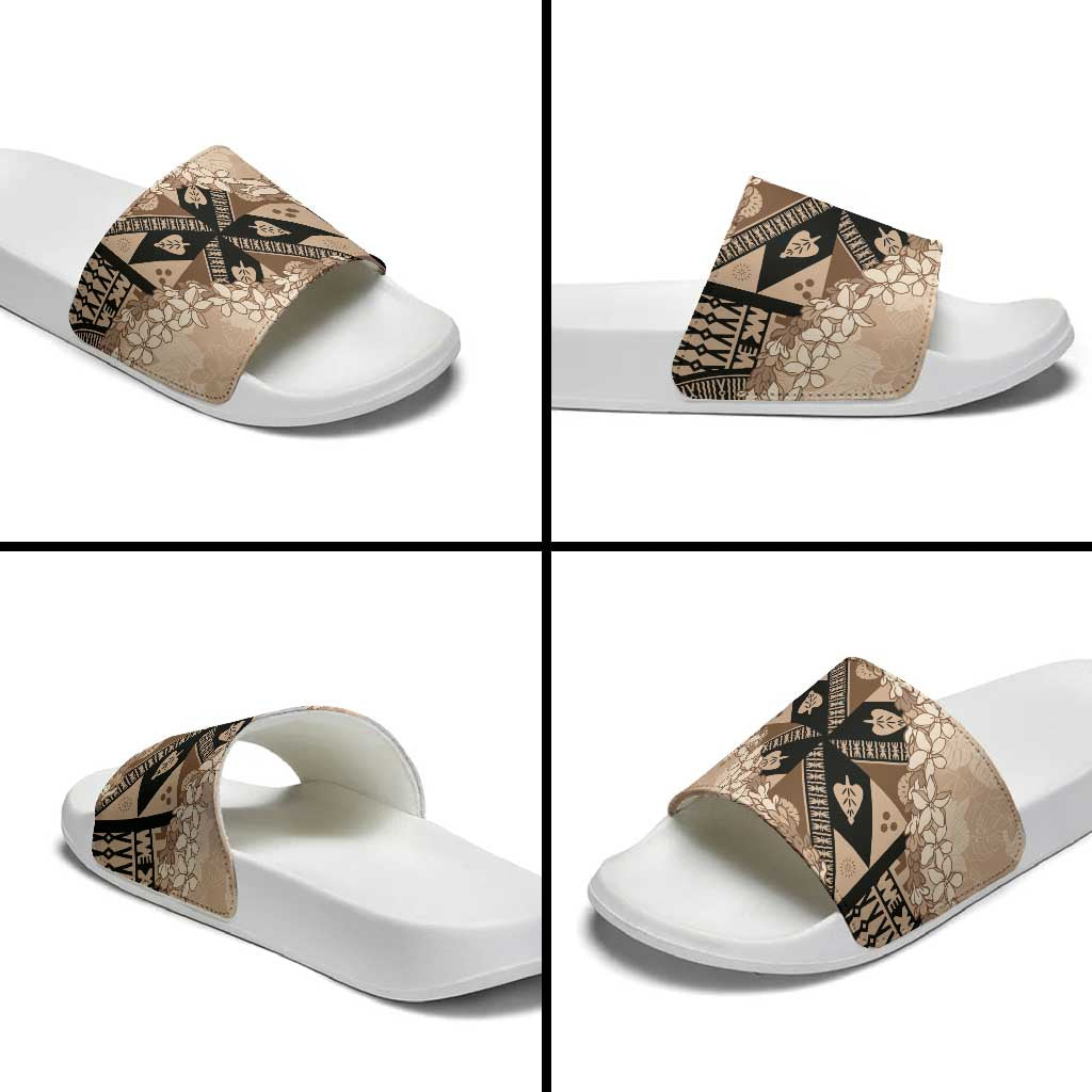 Bula Fiji Plumeria Tagimoucia Salusalu Beige Slide Sandals Kaiviti Masi LT7 - Polynesian Pride