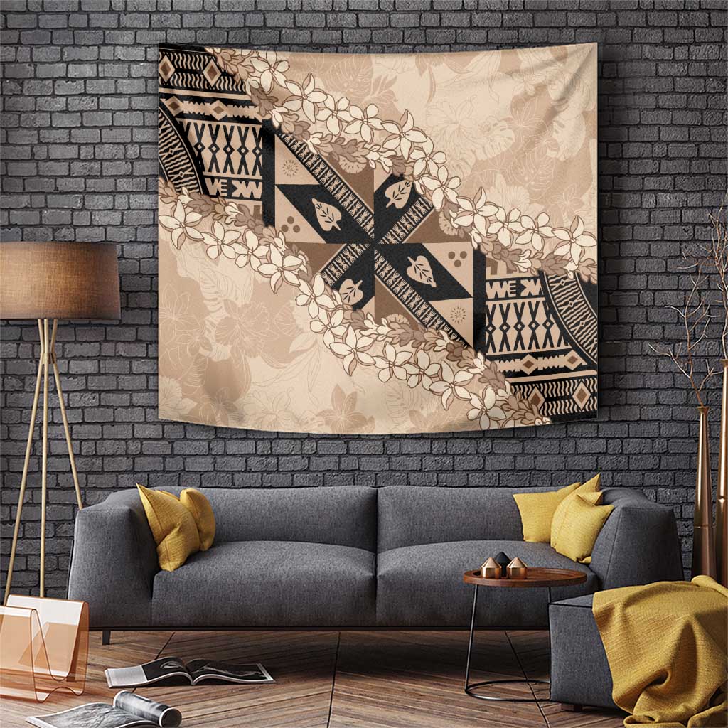 Bula Fiji Plumeria Tagimoucia Salusalu Beige Tapestry Kaiviti Masi LT7 Beige - Polynesian Pride
