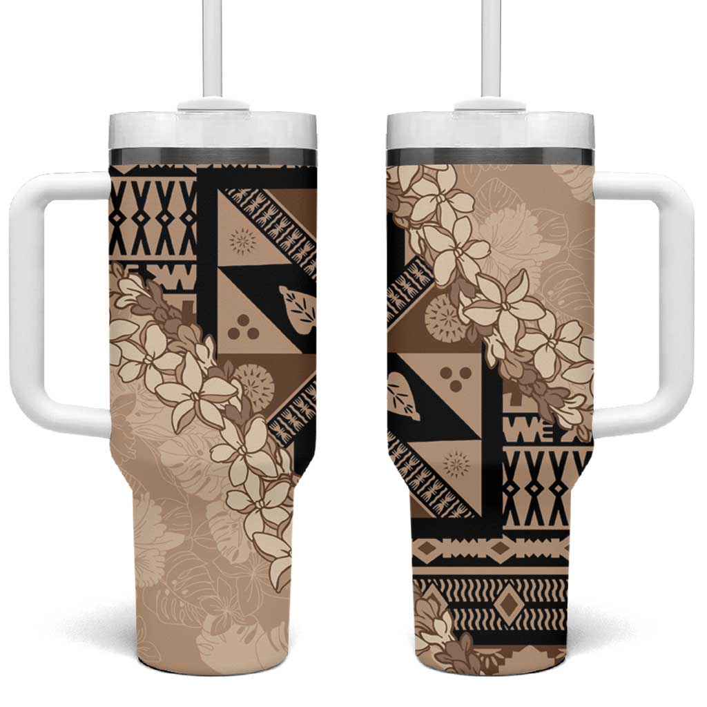 Bula Fiji Plumeria Tagimoucia Salusalu Beige Tumbler With Handle Kaiviti Masi LT7 One Size: 40 oz Beige - Polynesian Pride