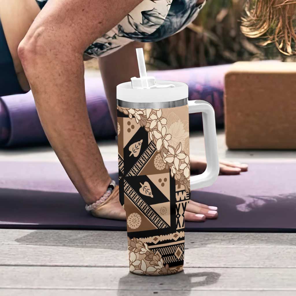 Bula Fiji Plumeria Tagimoucia Salusalu Beige Tumbler With Handle Kaiviti Masi LT7 - Polynesian Pride