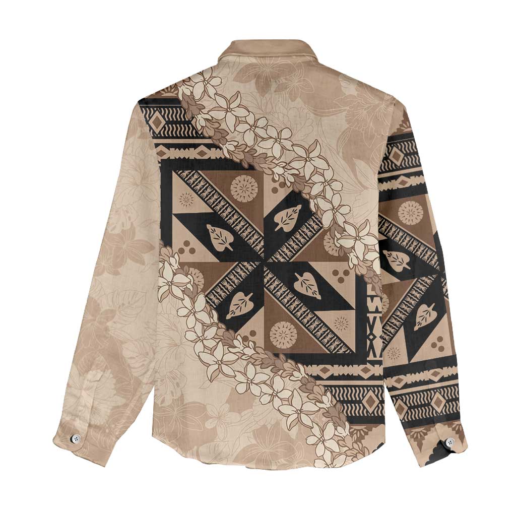 Bula Fiji Plumeria Tagimoucia Salusalu Beige Women Casual Shirt Kaiviti Masi LT7 - Polynesian Pride