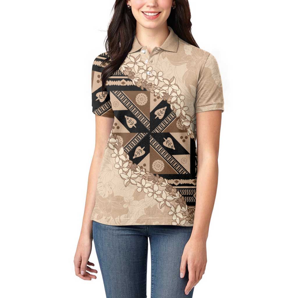 Bula Fiji Plumeria Tagimoucia Salusalu Beige Women Polo Shirt Kaiviti Masi LT7 - Polynesian Pride