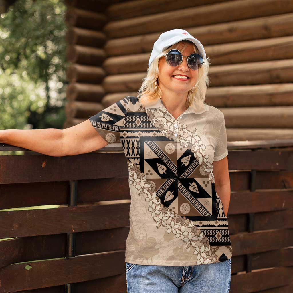 Bula Fiji Plumeria Tagimoucia Salusalu Beige Women Polo Shirt Kaiviti Masi LT7 - Polynesian Pride