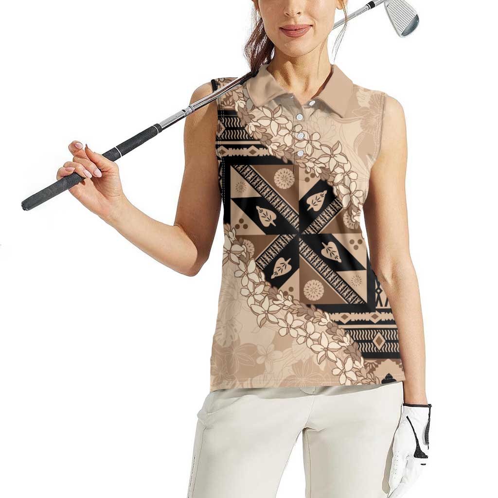 Bula Fiji Plumeria Tagimoucia Salusalu Beige Women Sleeveless Polo Shirt Kaiviti Masi LT7 - Polynesian Pride