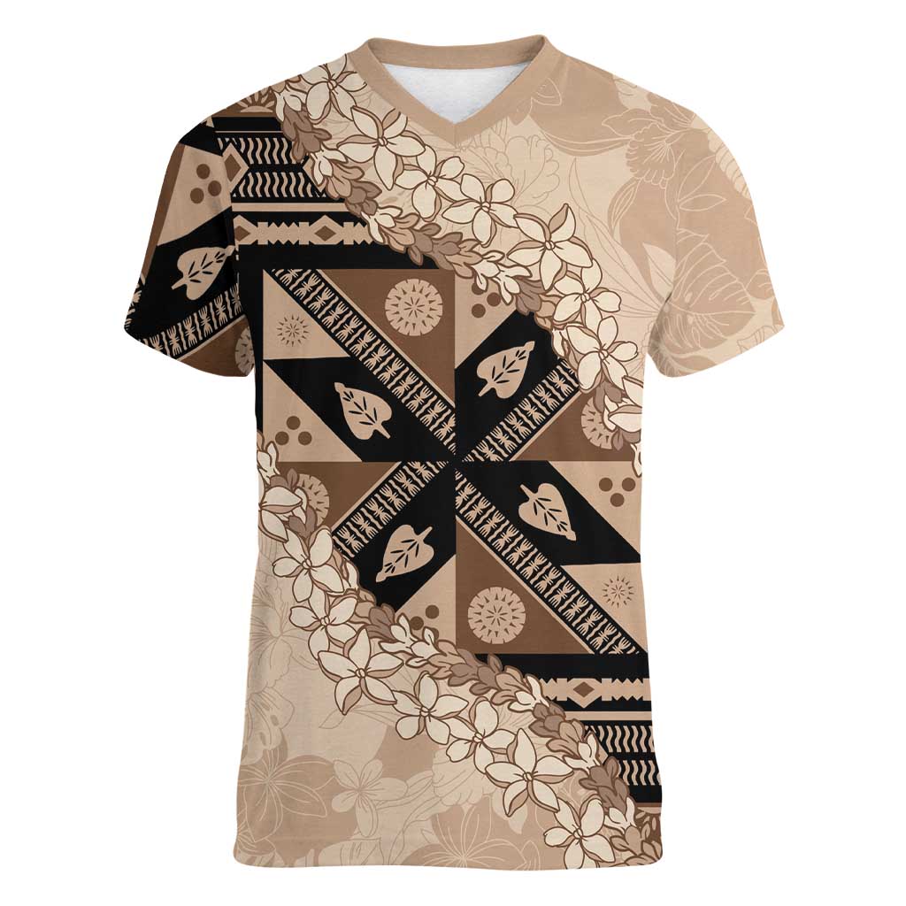 Bula Fiji Plumeria Tagimoucia Salusalu Beige Women V-Neck T-Shirt Kaiviti Masi LT7 Female Beige - Polynesian Pride