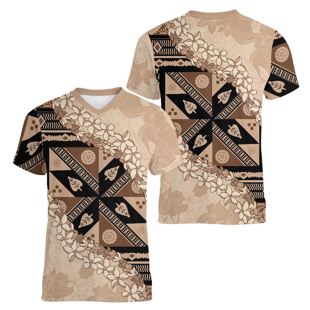 Bula Fiji Plumeria Tagimoucia Salusalu Beige Women V-Neck T-Shirt Kaiviti Masi LT7 - Polynesian Pride