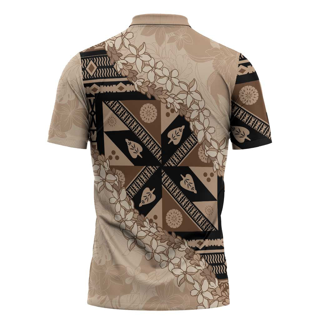 Bula Fiji Plumeria Tagimoucia Salusalu Beige Zipper Polo Shirt Kaiviti Masi LT7 - Polynesian Pride