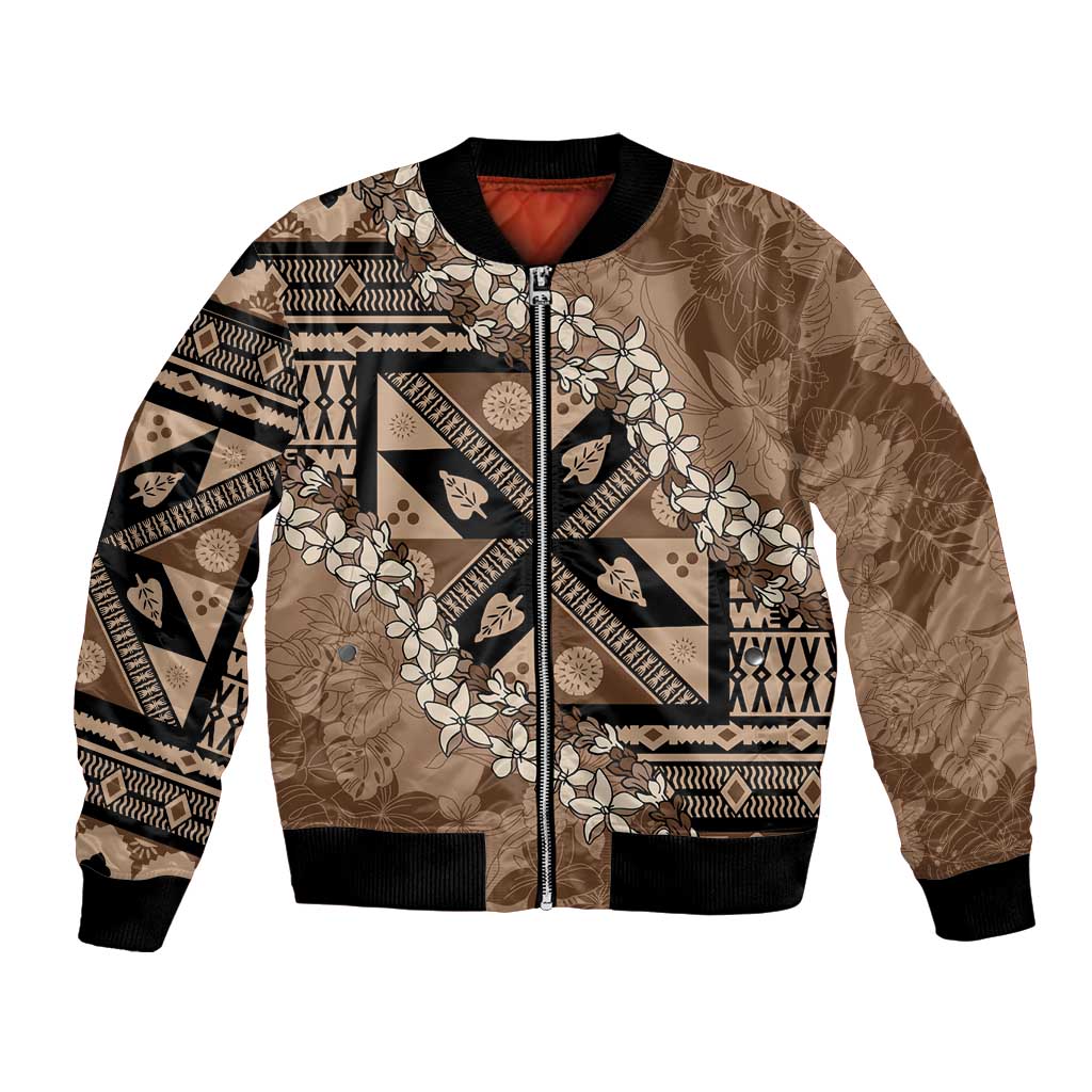 Bula Fiji Plumeria Tagimoucia Salusalu Mocha Bomber Jacket Kaiviti Masi LT7 Unisex Mocha - Polynesian Pride