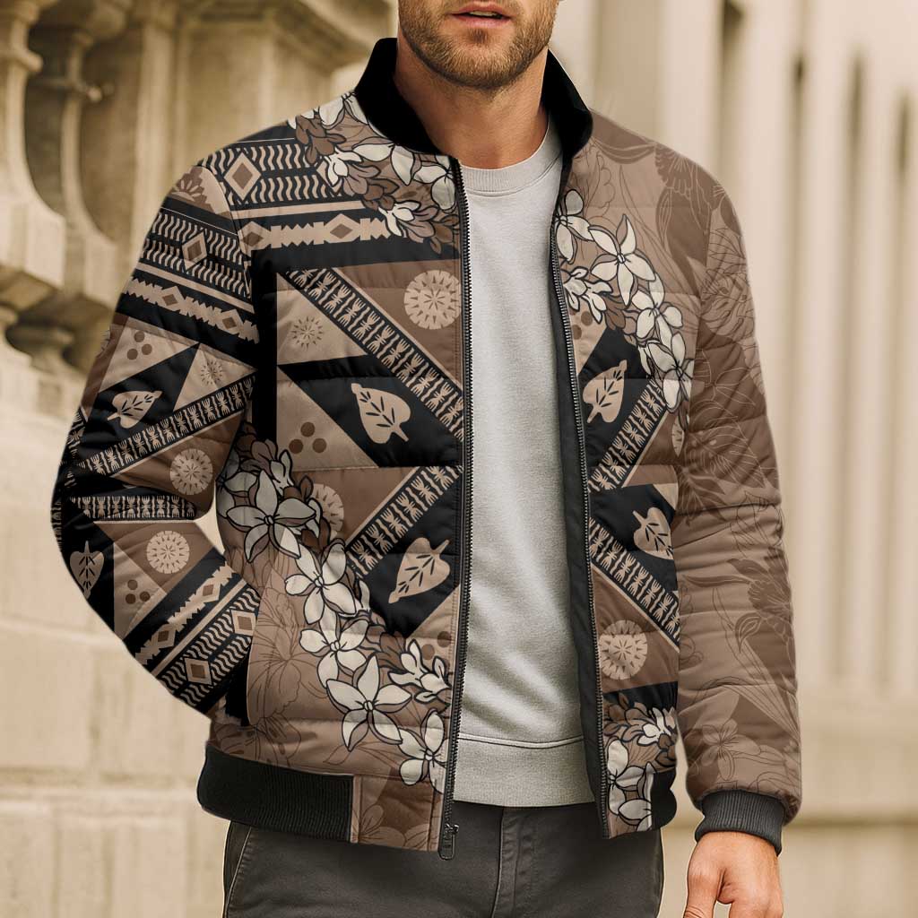 Bula Fiji Plumeria Tagimoucia Salusalu Mocha Bomber Puffer Jacket Kaiviti Masi LT7 - Polynesian Pride