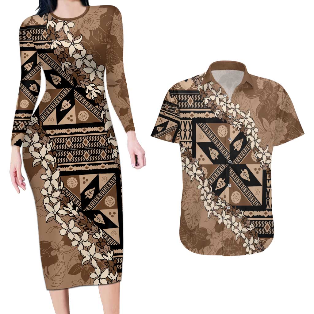 Bula Fiji Plumeria Tagimoucia Salusalu Mocha Couples Matching Long Sleeve Bodycon Dress and Hawaiian Shirt Kaiviti Masi LT7 Mocha - Polynesian Pride